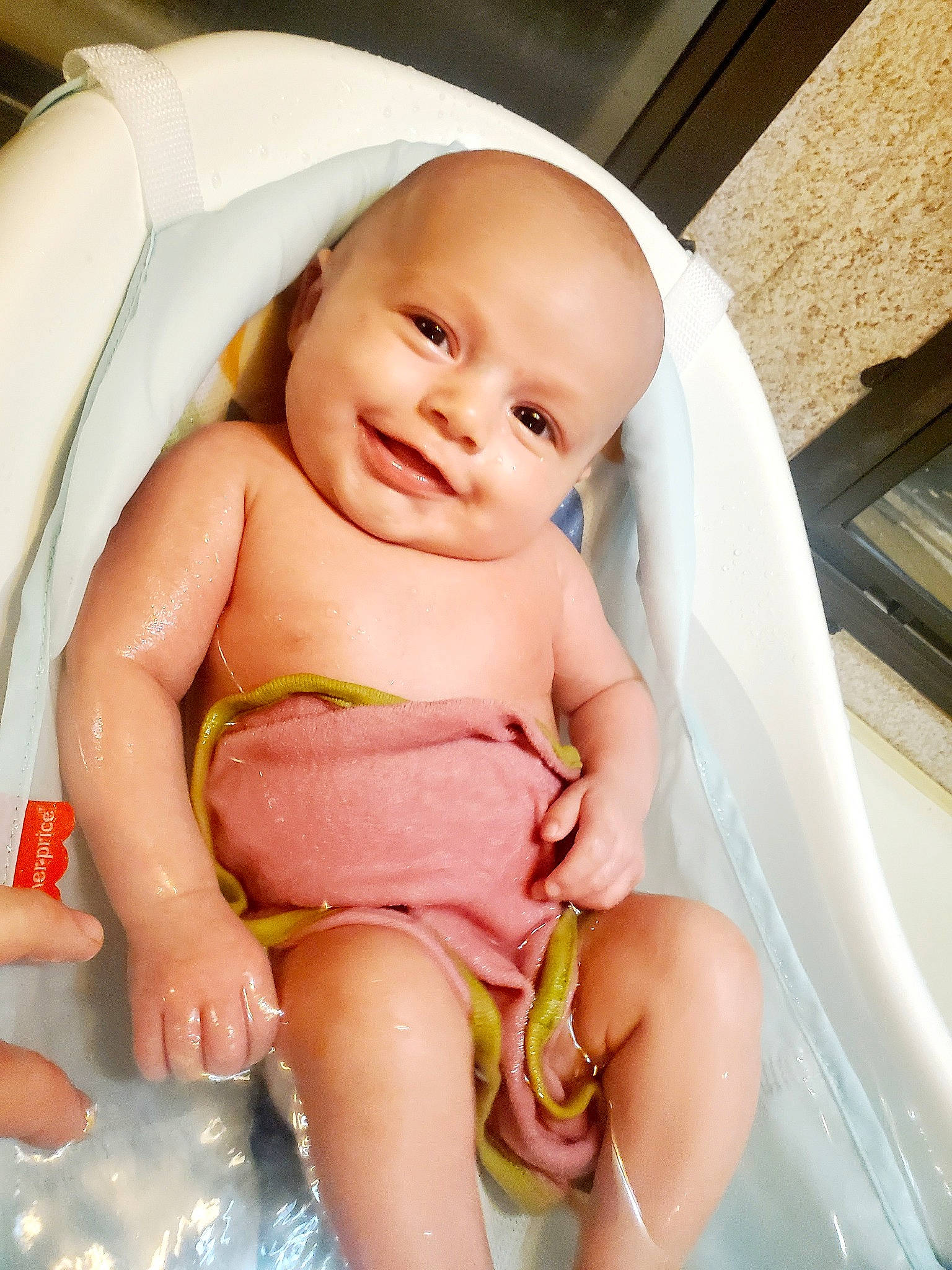 Hailey is registered to the contest to win money with this photo: baby, baby_toddler_clothing, cheek, comfort, eye, face, facial_expression, finger, hand, head, human_body, iris, joy, leg, mouth, muscle, nose, person, pink, skin