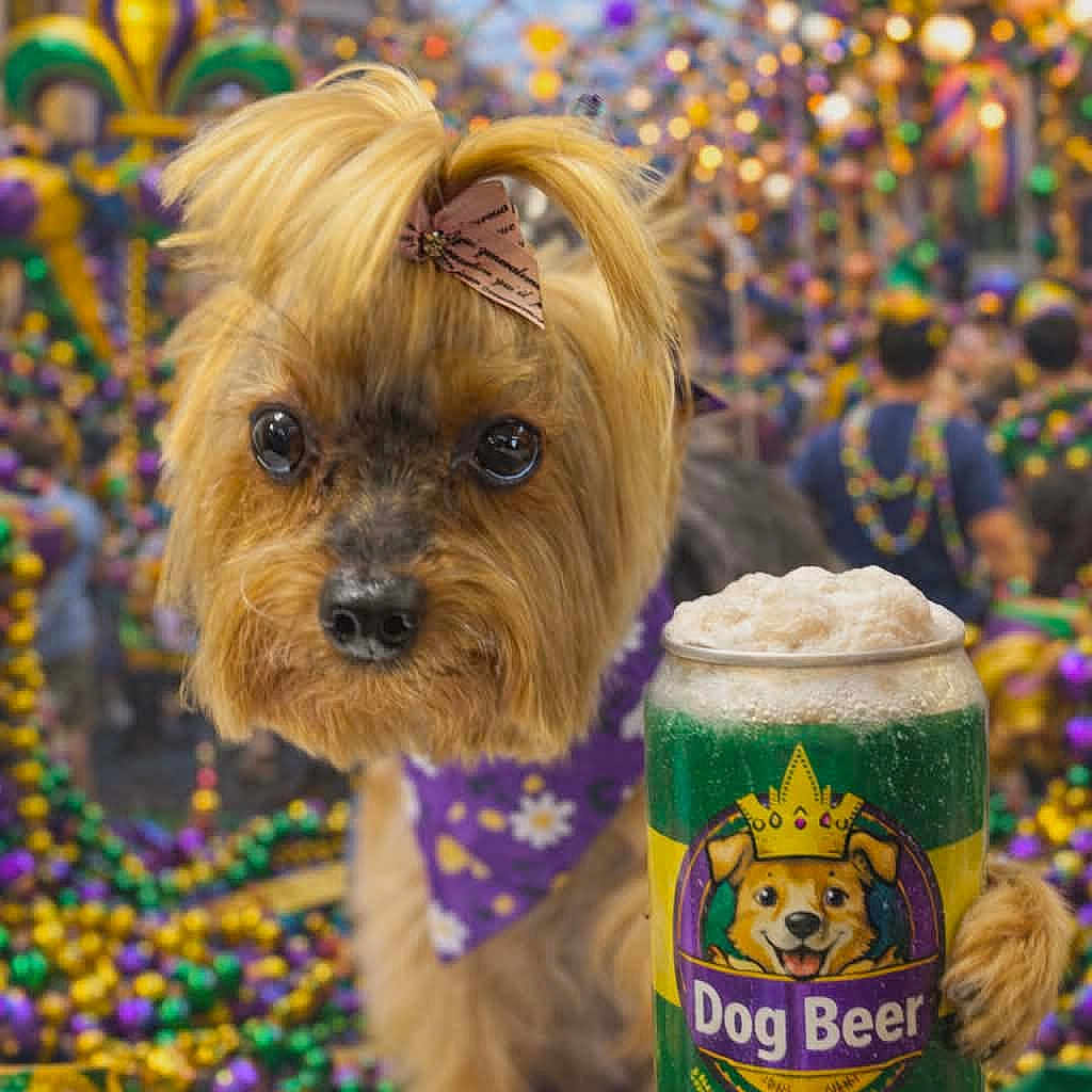 Zoey Grace is registered to the contest to win money with this photo: bandana, beads, beer_can, blurred_background, bow, canine, celebration, closeup, colorful, crowd, dog, dog_beer, festive, mardi_gras, parade, pet, portrait, puppy, small_dog, yorkie_style