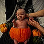 baby, pumpkin, halloween, costume, decorations, bat, skeleton, orange, green, hands, cute, infant, holiday, seasonal, black_background, fabric, props, portrait, sitting, expression