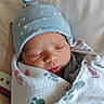 newborn, baby, sleeping, blanket, hat, blue_hat, footprint_pattern, infant, closeup, face, peaceful, swaddled, hand, skin, cute, resting, indoors, soft_light, portrait, cozy