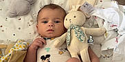 Elio participe au concours pour gagner de l'argent avec cette photo : baby, infant, plush_toy, rabbit, blanket, couch, clothing, onesie, foot, hand, soft_toy, pattern, cute, indoors, child, lying_down, fabric, stuffed_animal, comfort, relaxed