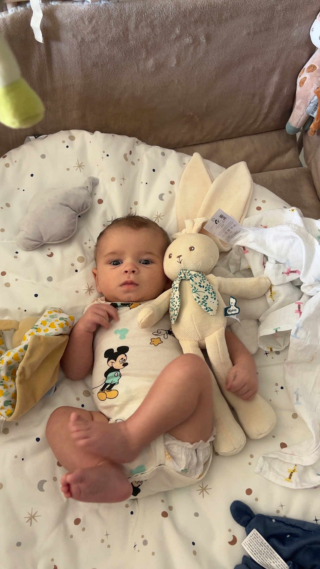 Elio participe au concours pour gagner de l'argent avec cette photo : baby, infant, plush_toy, rabbit, blanket, couch, clothing, onesie, foot, hand, soft_toy, pattern, cute, indoors, child, lying_down, fabric, stuffed_animal, comfort, relaxed