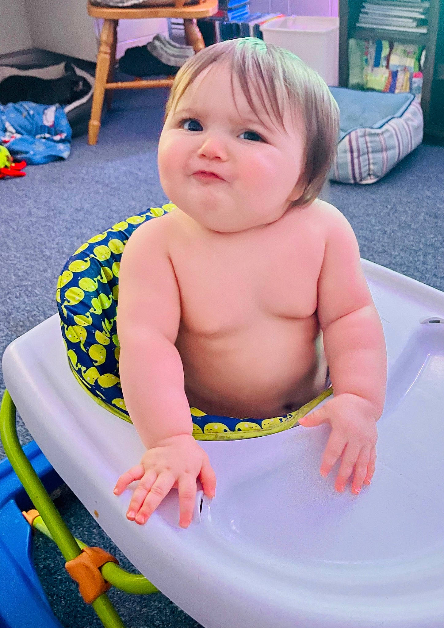 Ripley joined the competition — help win amazing prizes! baby, baby_playing_with_toys, baby_toddler_clothing, bathing, blue, chair, cheek, chest, child, finger, fun, happy, leisure, person, recreation, sitting, skin, smile, thigh, thumb