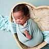 newborn, baby, sleeping, wrapped, blanket, heart_shaped_bowl, wooden_bowl, soft_texture, mint_green, cream_fur, peaceful, infant, cute, cozy, portrait, foot, hand, head, baby_clothing, indoor