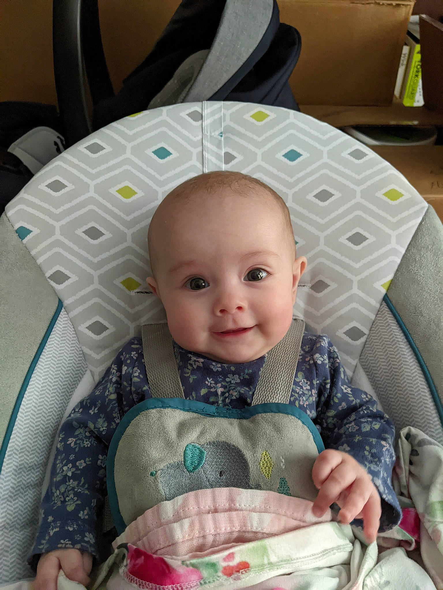 Lainey is registered to the contest to win money with this photo: baby, baby_carriage, baby_in_car_seat, baby_products, baby_toddler_clothing, car_seat, chair, cheek, child, comfort, green, happy, head, joy, person, product, room, sitting, skin, smile