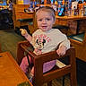 toddler, child, baby, restaurant, high_chair, sitting, smiling, snack, food, minnie_mouse, bow, shirt, polka_dots, wooden_furniture, pendant_lights, booth, indoor, dining, portrait, happy