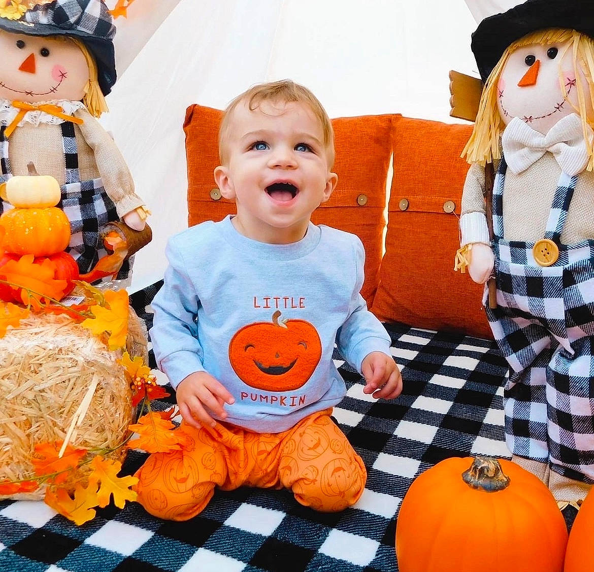 Chase joined the competition — help win amazing prizes! baby, baby_toddler_clothing, calabaza, child, cucurbita, facial_expression, gourd, happy, orange, people, person, photograph, playing_with_kids, pumpkin, smile, t_shirt, textile, toddler, toy, white