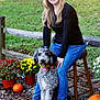 woman, dog, outdoor, glasses, stool, pumpkin, flowers, grass, leaves, casual_clothing, smiling, fall, nature, pet, happy, tree, jeans, black_shirt, potted_plants, collar