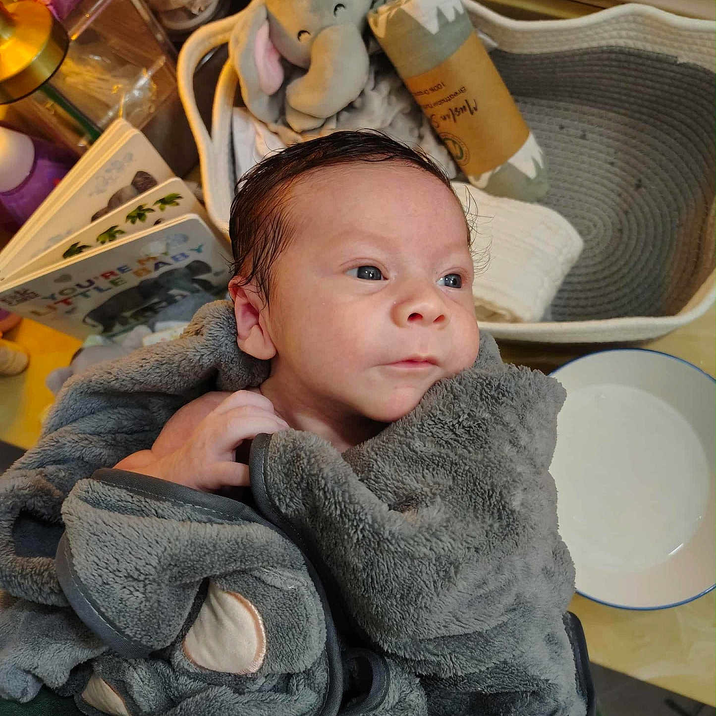 Darren is registered to the contest to win money with this photo: baby, basket, blanket, blanket_wrap, book, bowl, child, cozy, curly_hair, elephant, face, hand, indoors, infant, nursery, plush_toy, portrait, resting, soft_toy, table