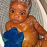 baby, soap, washcloth, bath, bathroom, seat, child, skin, water, cleaning, foam, cute, infant, toddler, expression, face, hand, wet, sitting, playful