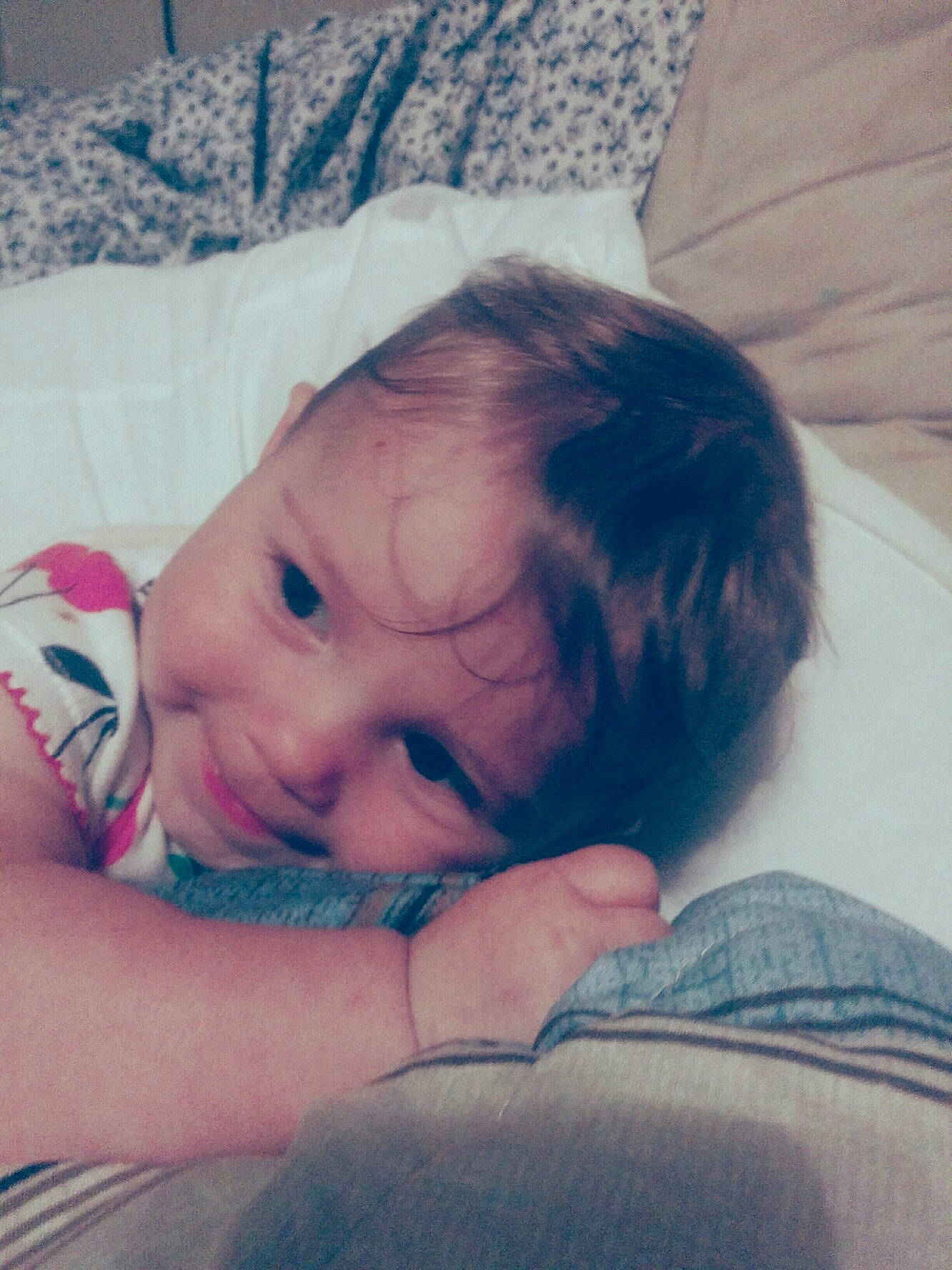 Crriy is registered to the contest to win money with this photo: blue, child, emotion, eye, face, facial_expression, girl, hand, head, human_action, human_positions, infant, joy, mouth, nose, organ, person, skin, sleep, smile