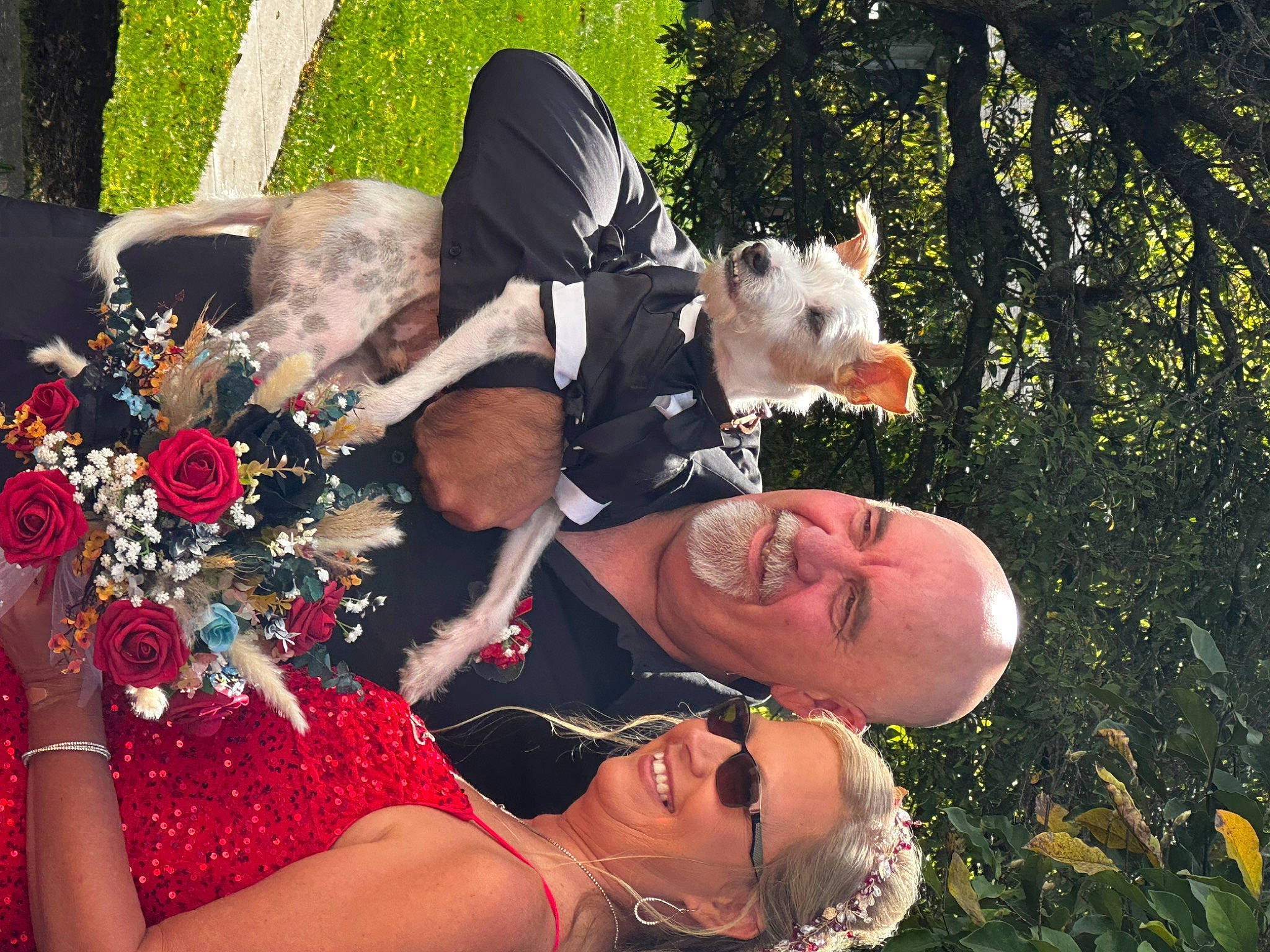 Max is registered to the contest to win money with this photo: clothing, companion_dog, dress, event, eyewear, formal_wear, fun, gesture, grass, happy, interaction, jewellery, leisure, people_in_nature, pink, plant, smile, spring, summer, tree