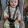 baby, child, onesie, baby_seat, harness, blue_eyes, drool, cozy, patterned_clothing, infant, cute, indoor, soft_fabric, seat, child_safety, person, face, hand, footwear, floor