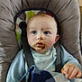 baby, blue_eyes, child, cloth, clothing, cushion, cute, expression, face, food, hand, high_chair, indoors, infant, looking_up, messy, portrait, seat, straps, young