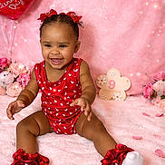 Iceelee is registered to the contest to win money with this photo: child, baby, infant, smiling, sitting, valentine, hearts, pink_background, balloon, flowers, plush_toy, onesie, socks, ruffles, portrait, milestone, petals, bow, cozy, studio