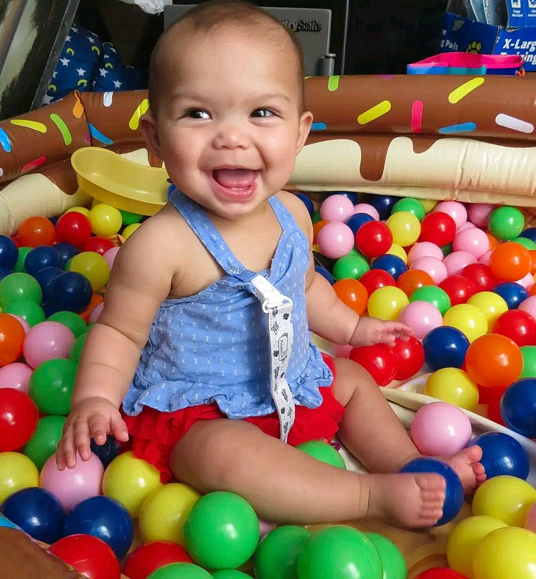 Arabelle joined the competition — help win amazing prizes! baby, baby_playing_with_toys, baby_toddler_clothing, ball, ball_pit, child, event, fun, green, happy, joy, leisure, people, person, photograph, play, recreation, smile, snapshot, toddler
