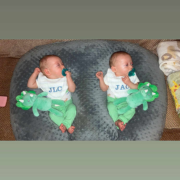 James And Jenson joined the competition — help win amazing prizes! baby, brown_couch, child, comfort, cushion, cute, dinosaur_toy, green_pants, home, indoor, infant, newborn, pacifier, resting, sleepwear, sofa, stuffed_toy, twins, two_babies, white_shirt
