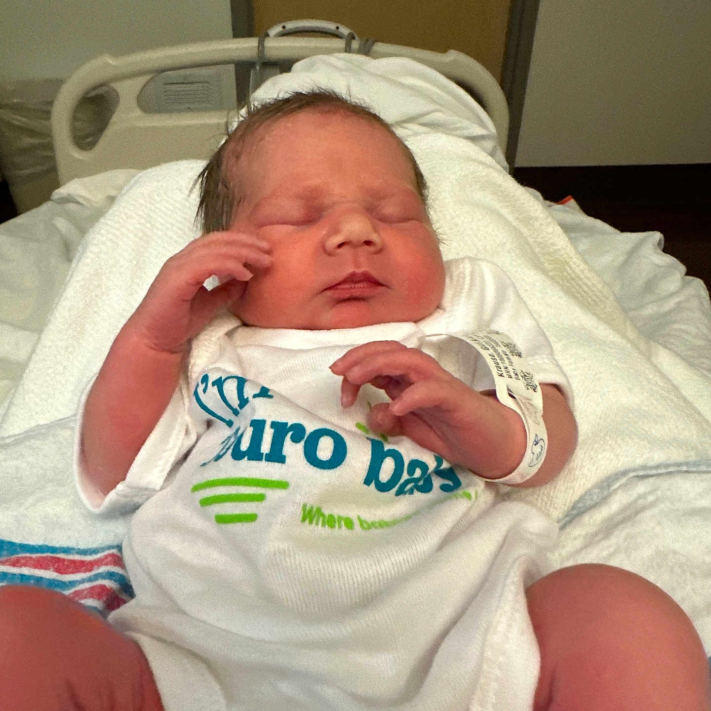 Ainsley Moate joined the competition — help win amazing prizes! baby, bed, blanket, clothing, cute, deliveryroom, face, fresh, hand, healthcare, hospital, indoors, infant, newborn, onesie, person, resting, skin, sleeping, wristband