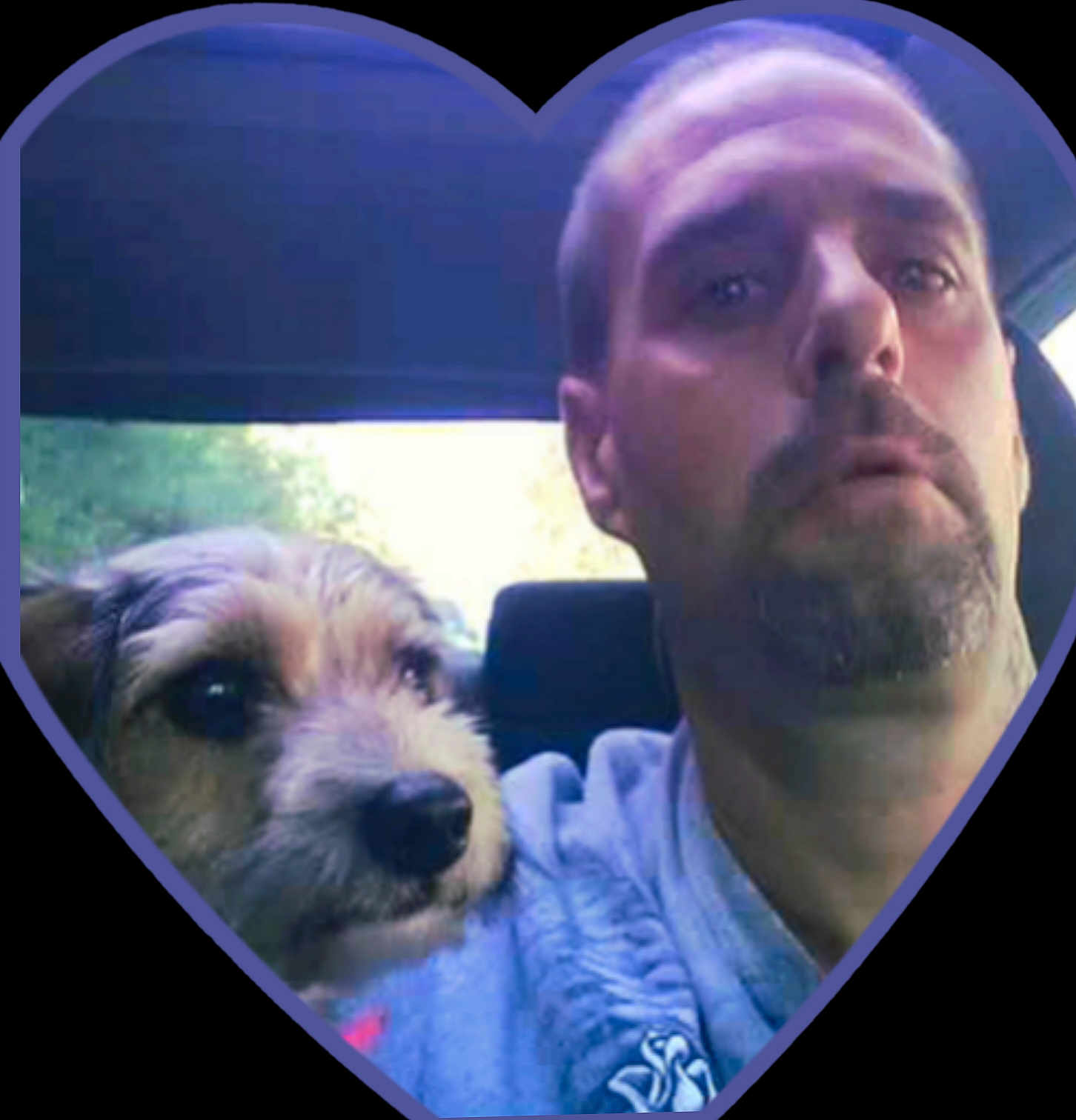 Rylee joined the competition — help win amazing prizes! man, dog, selfie, car_interior, portrait, pet, canine, casual_clothing, facial_hair, window, daylight, closeup, head_and_shoulders, looking_away, indoor, seat, animal, human, friendship, heart_frame