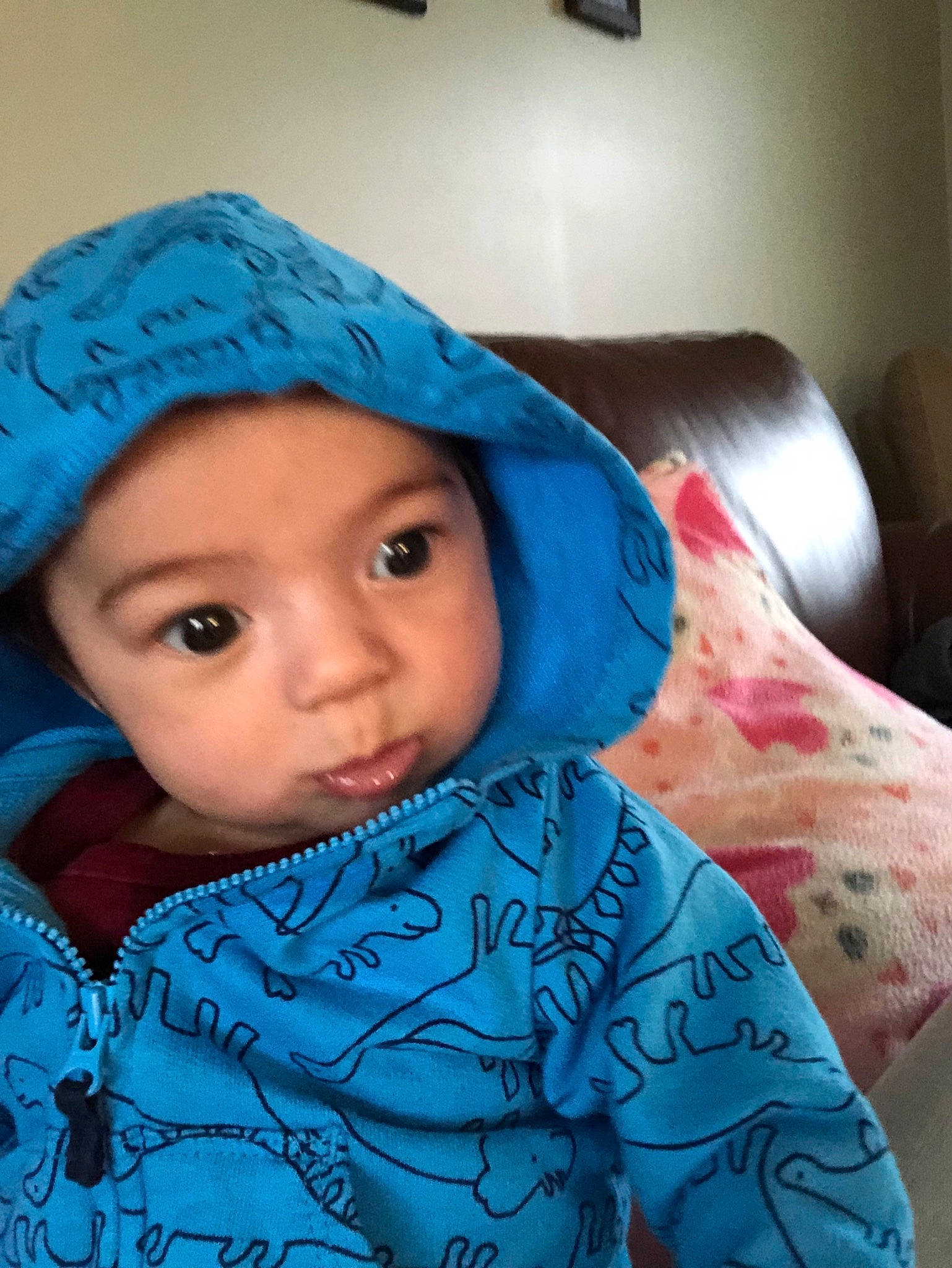 Skyler is registered to the contest to win money with this photo: baby, blue, cheek, child, cool, eye, face, head, headgear, hood, hoodie, outerwear, person, skin, smile, textile, toddler, turquoise
