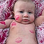 adorable, baby, blanket, cheeks, child, closeup, cute, expression, face, infant, kiss_marks, lipstick, lying_down, outdoor, person, pink, skin, soft_texture, torso, warm