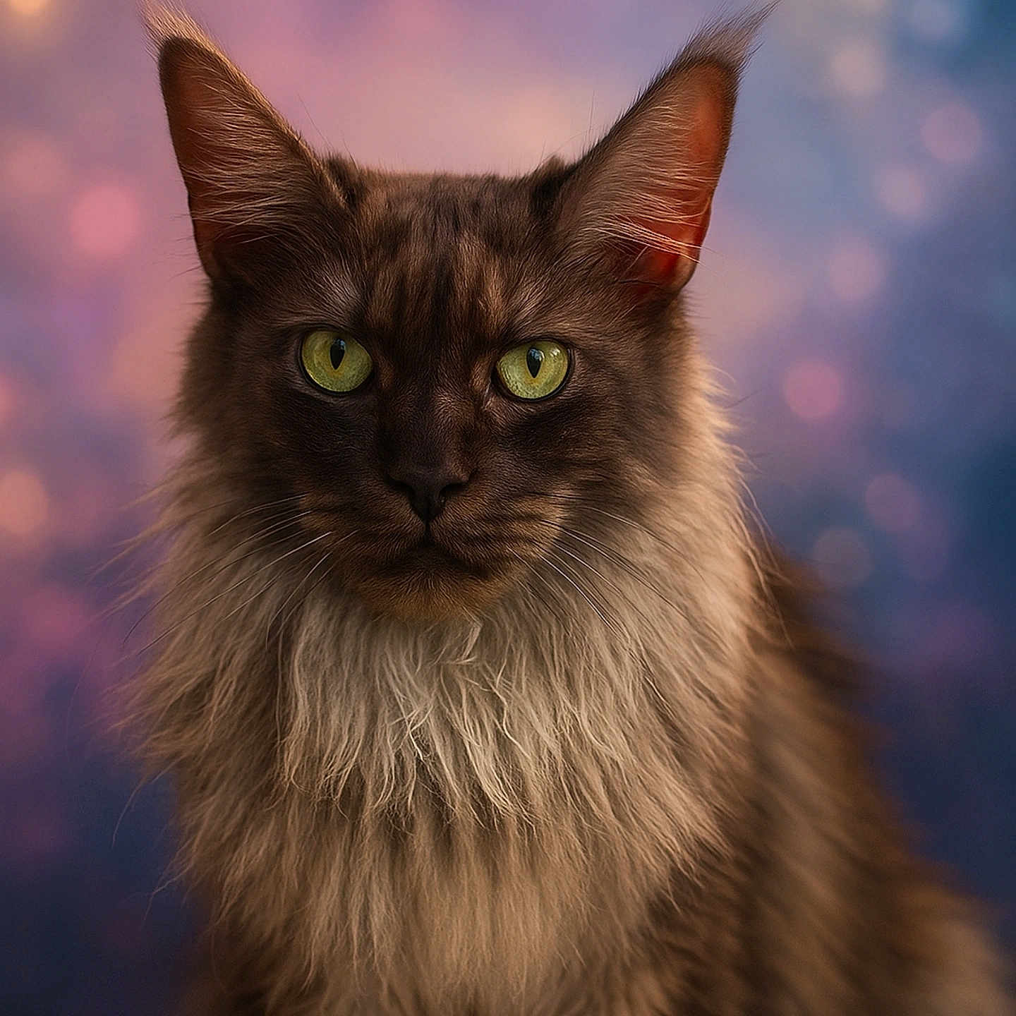 Uma participe au concours pour gagner de l'argent avec cette photo : cat, long_hair, green_eyes, portrait, animal, feline, close_up, majestic, whiskers, ears, fur, fluffy, indoor, pet, mammal, looking_at_camera, soft_background, bokeh, face, serious