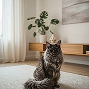 Uma participe au concours pour gagner de l'argent avec cette photo : cat, fluffy, gray, green_eyes, carpet, indoor, plant, wooden_furniture, cozy, modern, pet, animal, sitting, calm, portrait, home, decor, feline, long_hair, domestic