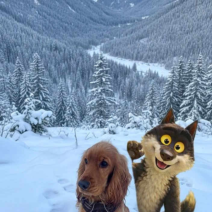 Aly participe au concours pour gagner de l'argent avec cette photo : animal, blue_sky, cartoon_wolf, clouds, cute, dog, dog_harness, footprints, forest, mixed_media, mountain, nature, outdoor, playful, scenic, snow, snowy_landscape, trees, valley, winter