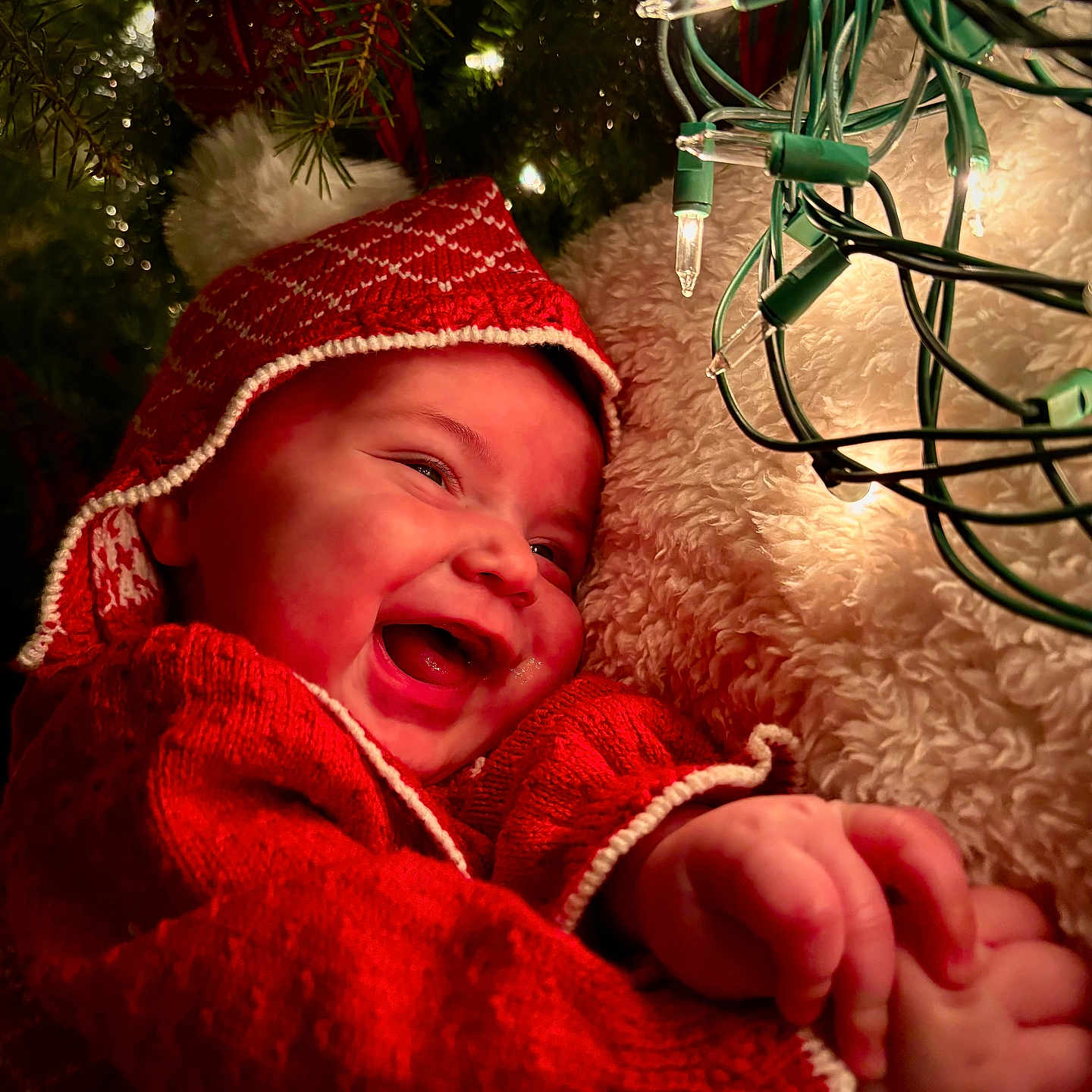 Liliana joined the competition — help win amazing prizes! baby, child, christmas_lights, christmas_tree, cozy, cute, decorations, face, festive, greenery, hands, happy, holiday, infant, knit_hat, portrait, red_clothing, sitting, smiling, warm_light