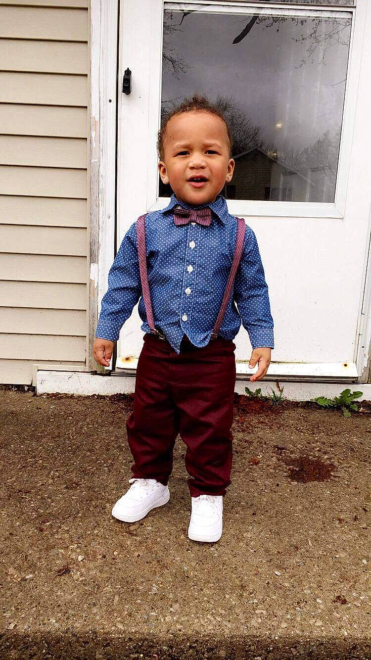 Jaziah Davis joined the competition — help win amazing prizes! blue, cheek, child, denim, face, footwear, head, jacket, jeans, male, outerwear, overall, person, shoe, sleeve, standing, textile, toddler, trousers