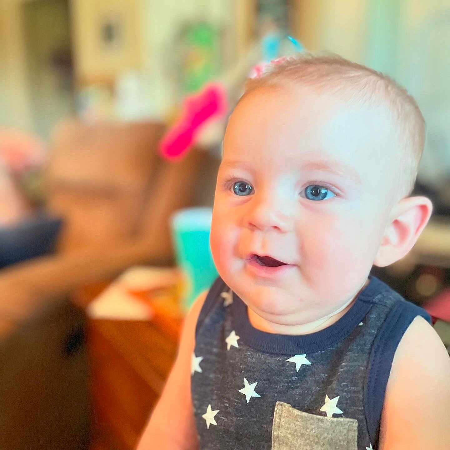 Russell joined the competition — help win amazing prizes! accessories, architecture, baby, building, clothing, couch, face, furniture, happy, head, indoors, livingroom, person, photography, plant, portrait, pottedplant, room, smile, t_shirt