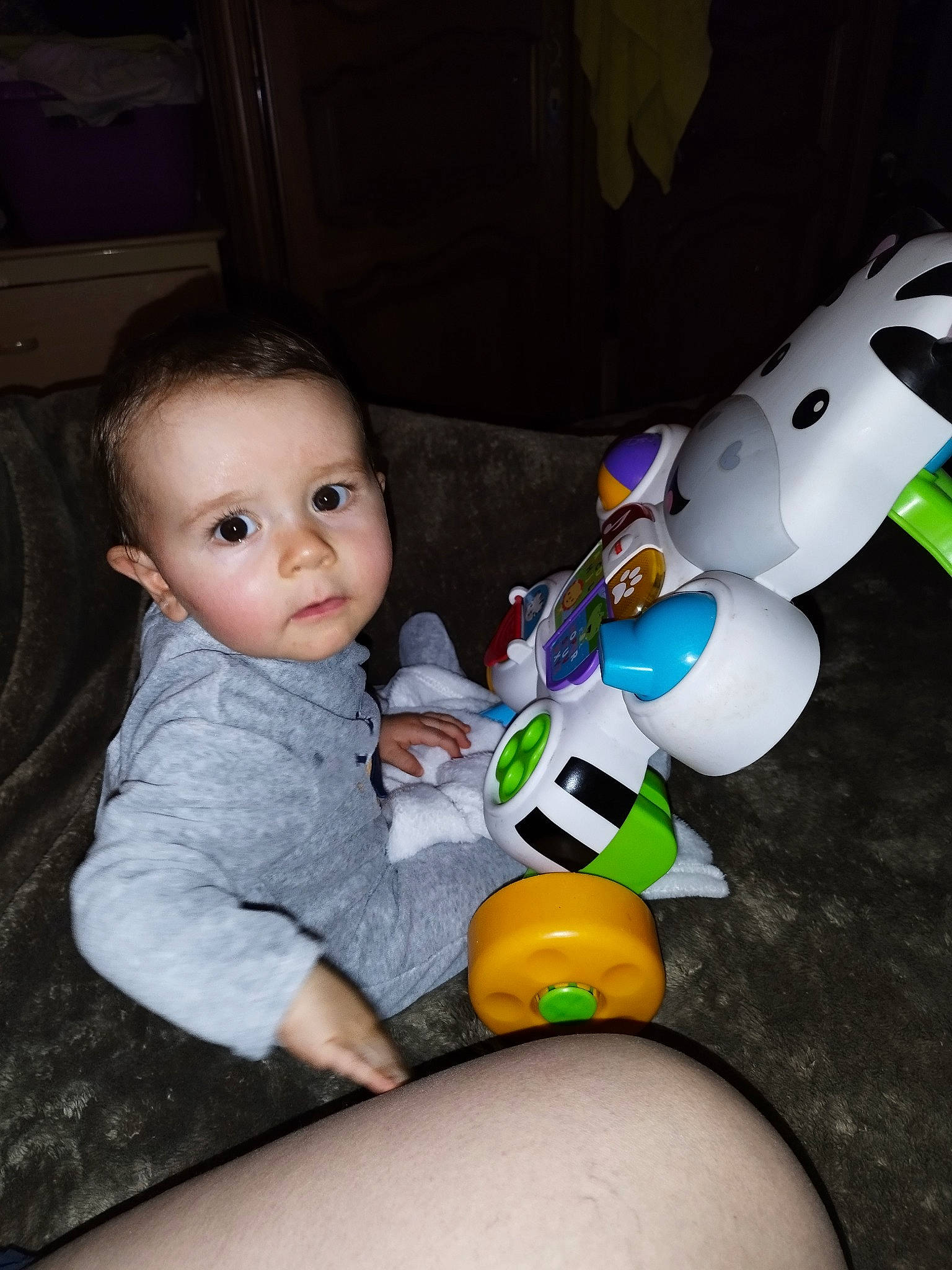 Evan participe au concours pour gagner de l'argent avec cette photo : baby, baby_products, baby_toddler_clothing, baby_toys, carmine, cheek, child, flooring, foot, fun, human_leg, lap, person, play, plush, room, sitting, stuffed_toy, thigh, toddler