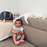 Ayden participe au concours pour gagner de l'argent avec cette photo : baby, barefoot, cat, child, couch, cozy, cute, furniture, handbag, happy, home, indoor, person, pet, plush_toy, resting, sitting, sleeping, smiling, striped_clothing