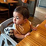 Bryson joined the competition — help win amazing prizes! toddler, child, high_chair, bib, table, wooden_table, restaurant, indoor, furniture, curious, blanket, flooring, wood_floor, person, looking_away, short_hair, casual_clothing, hands, seat, young_child