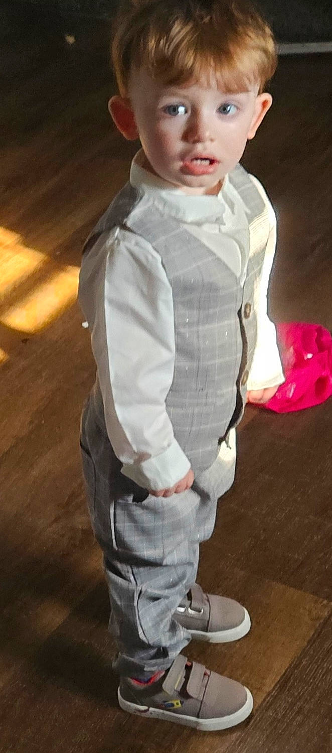 Greyson joined the competition — help win amazing prizes! baby, baby_toddler_clothing, chest, child, collar, costume, denim, dress_shirt, eyewear, flooring, formal_wear, fun, gesture, jacket, outerwear, person, personal_protective_equipment, sleeve, t_shirt, toddler