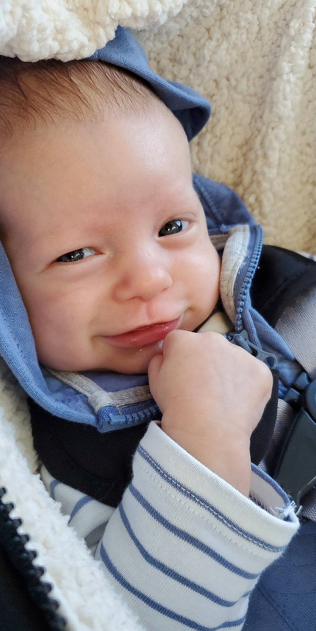 Aiden joined the competition — help win amazing prizes! baby, baby_toddler_clothing, blue, cheek, chin, clothing, eye, eyebrow, eyelash, gesture, headgear, iris, lip, mouth, neck, nose, person, product, skin, sleeve