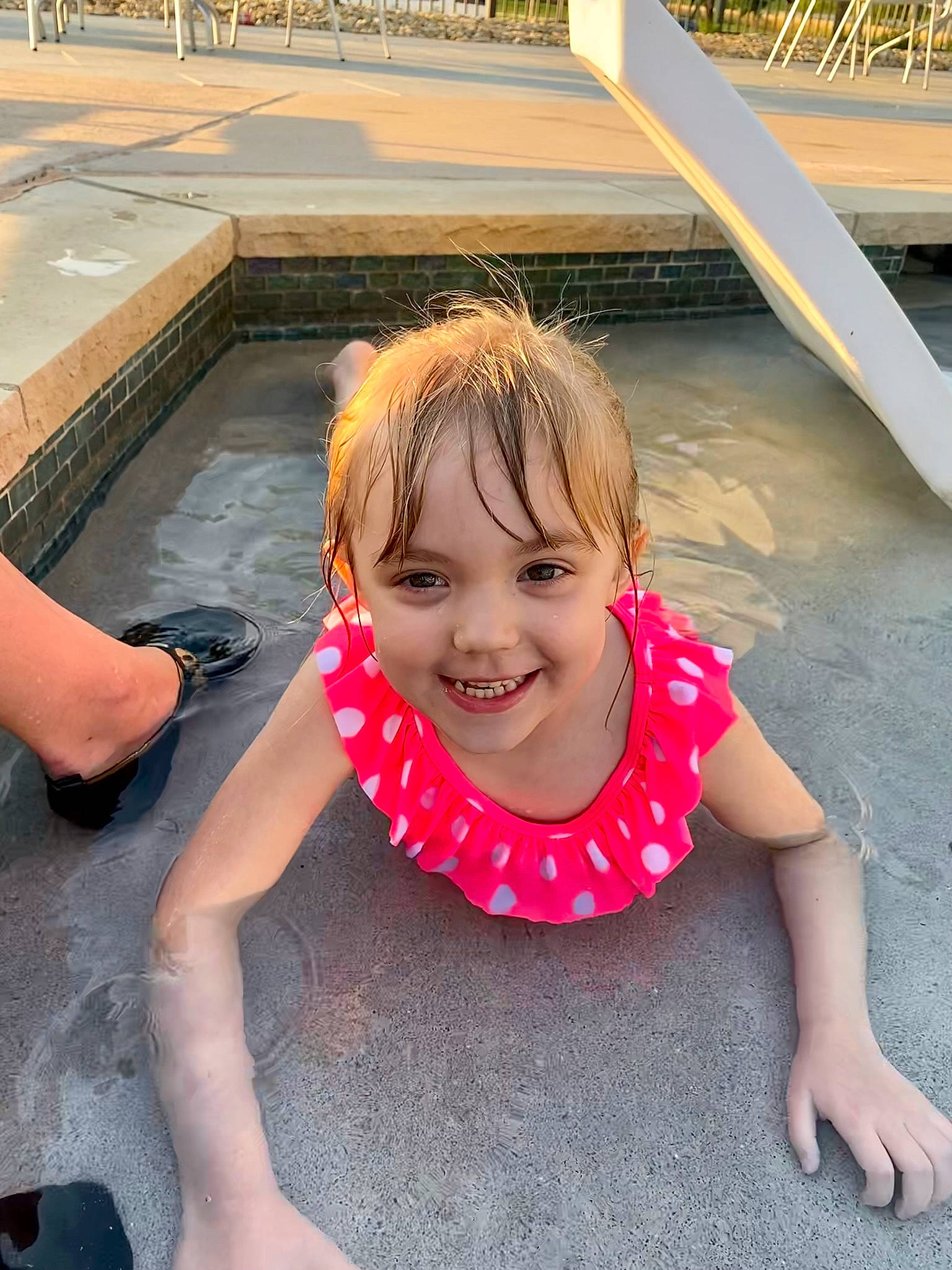 Angelina joined the competition — help win amazing prizes! asphalt, blond, child, cool, fountain, fun, grass, hairstyle, happy, joy, leisure, mouth, person, pink, public_space, recreation, sitting, skin, smile, thigh