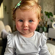 Mabel joined the competition — help win amazing prizes! toddler, child, blue_eyes, hair_clip, white_top, lace, portrait, indoor, soft_lighting, curly_hair, cute, face, person, baby, smile, seated, home_interior, furniture, plant, cozy