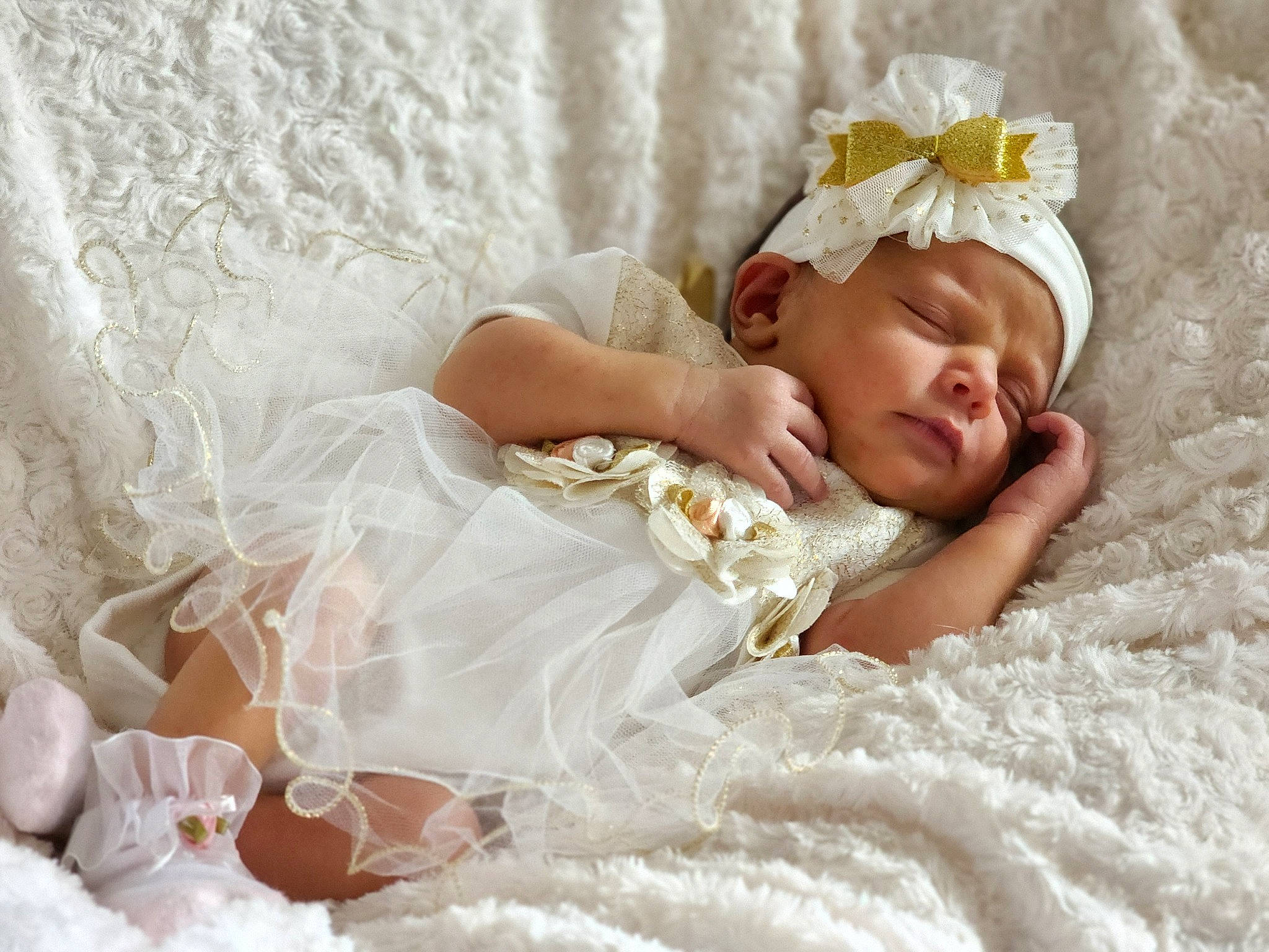 Eliyanah Mae joined the competition — help win amazing prizes! baby, baby_sleeping, baby_toddler_clothing, bridal_accessory, child, comfort, dress, embellishment, fashion_accessory, flower, hair_accessory, hand, headband, headpiece, headwear, linens, pattern, person, petal, skin