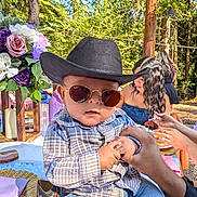 Gael joined the competition — help win amazing prizes! baby, child, cowboy_hat, sunglasses, plaid_shirt, jeans, hand, outdoor, forest, flowers, people, table, food, sunny_day, casual_clothing, portrait, fashion, cute, nature, event