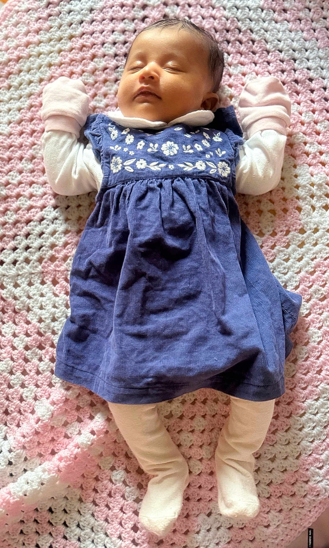 Dvija joined the competition — help win amazing prizes! baby, sleeping, blue_dress, mittens, crocheted_blanket, pink, white, infant, soft_texture, peaceful, lying_down, child, cute, portrait, cozy, indoors, leg_warmers, head, closed_eyes, newborn