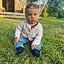 Leyna participe au concours pour gagner de l'argent avec cette photo : baby, child, grass, outdoor, sitting, blue_eyes, curly_hair, sweater, jeans, tent, garden, sunlight, nature, person, greenery, cute, young_child, portrait, daylight, casual_clothing