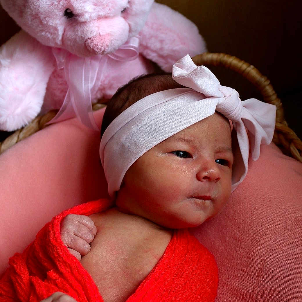 Oaklynn joined the competition — help win amazing prizes! newborn, baby, infant, pink_bear, plush_toy, headband, blanket, red_cloth, cushion, basket, soft_toy, portrait, cute, indoors, child, sleepy, wrapped, baby_clothes, teddy_bear, baby_boy