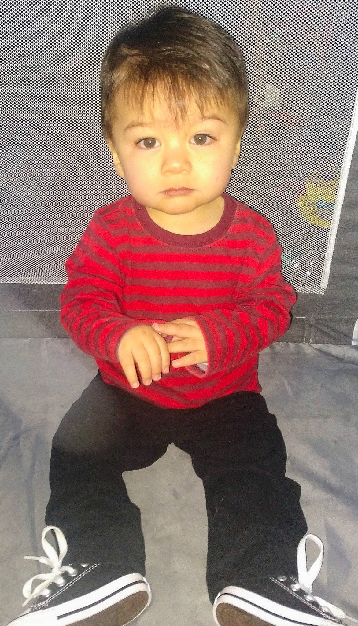 Mateo joined the competition — help win amazing prizes! baby_toddler_clothing, black_hair, cheek, chin, eye, facial_expression, flash_photography, hairstyle, happy, human, human_body, iris, lip, nose, organ, person, skin, sleeve, standing, thigh