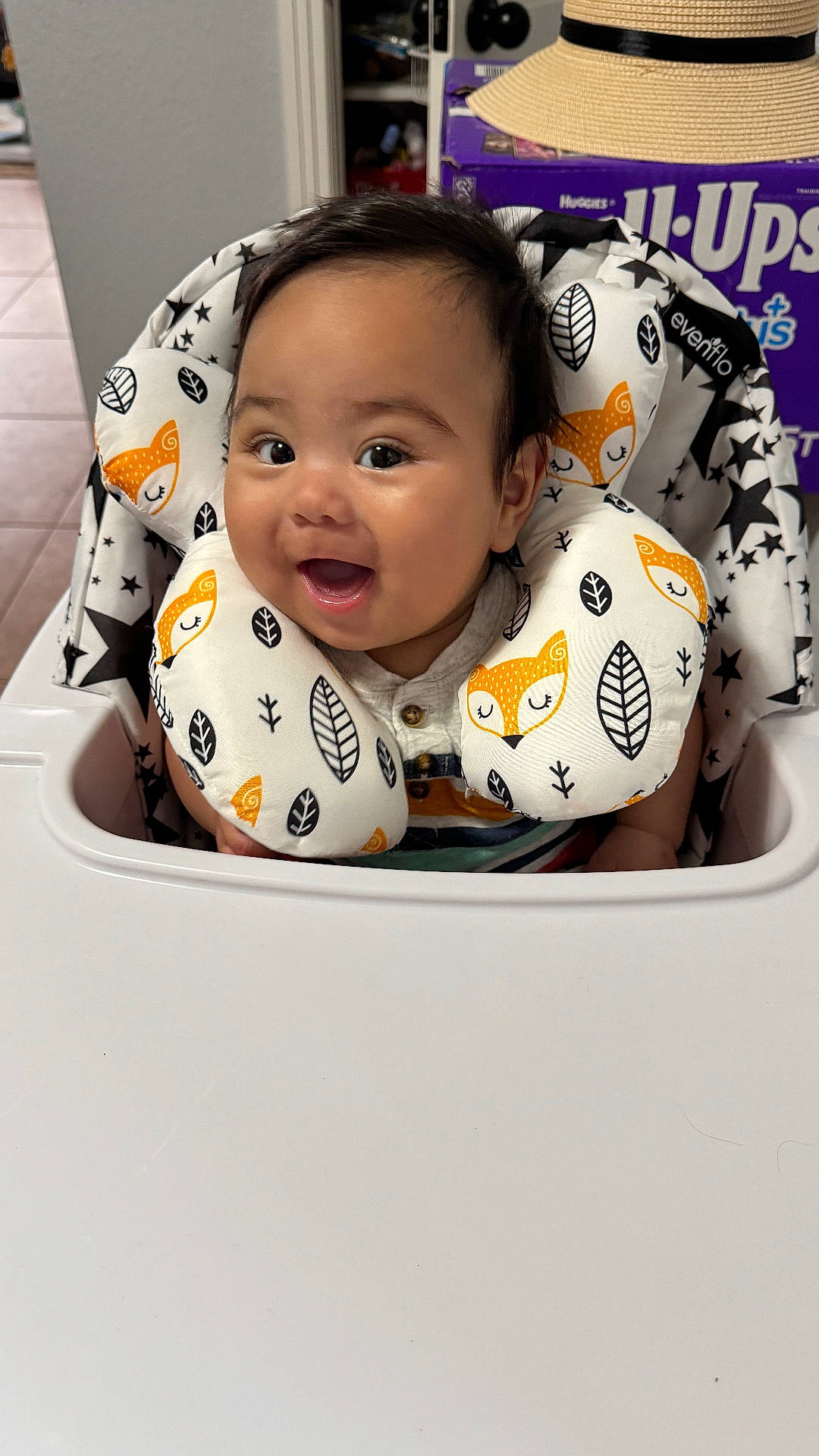 Julian is registered to the contest to win money with this photo: baby, bathing, blanket, bodypart, clothing, crib, cushion, face, finger, furniture, happy, hat, head, homedecor, infantbed, newborn, person, photography, portrait, smile