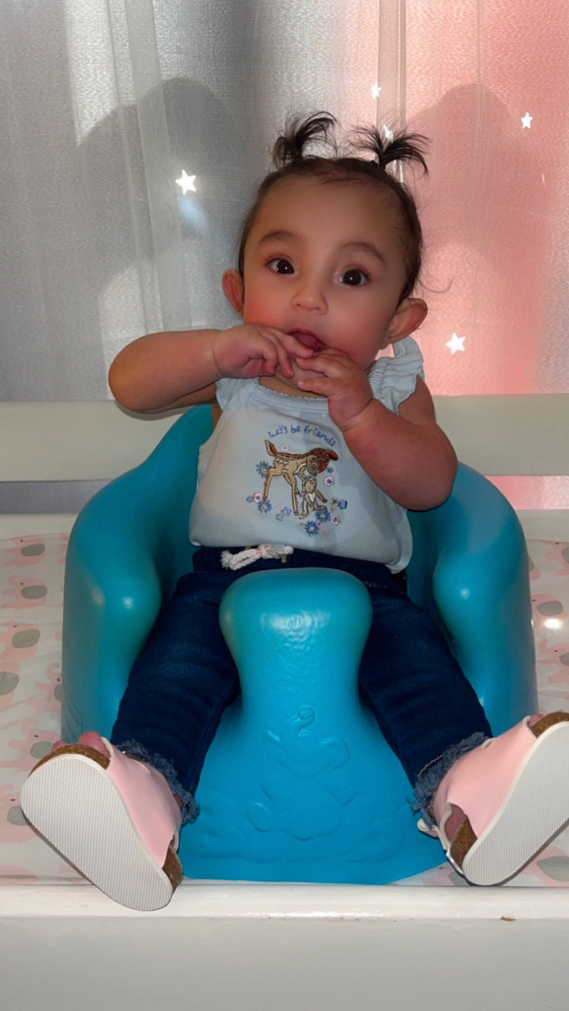 Juniper joined the competition — help win amazing prizes! aqua, arm, baby_toddler_clothing, cheek, chest, child, electric_blue, eyelash, happy, head, human_leg, nail, person, pink, plastic, shoulder, sitting, sleeve, thigh, toddler