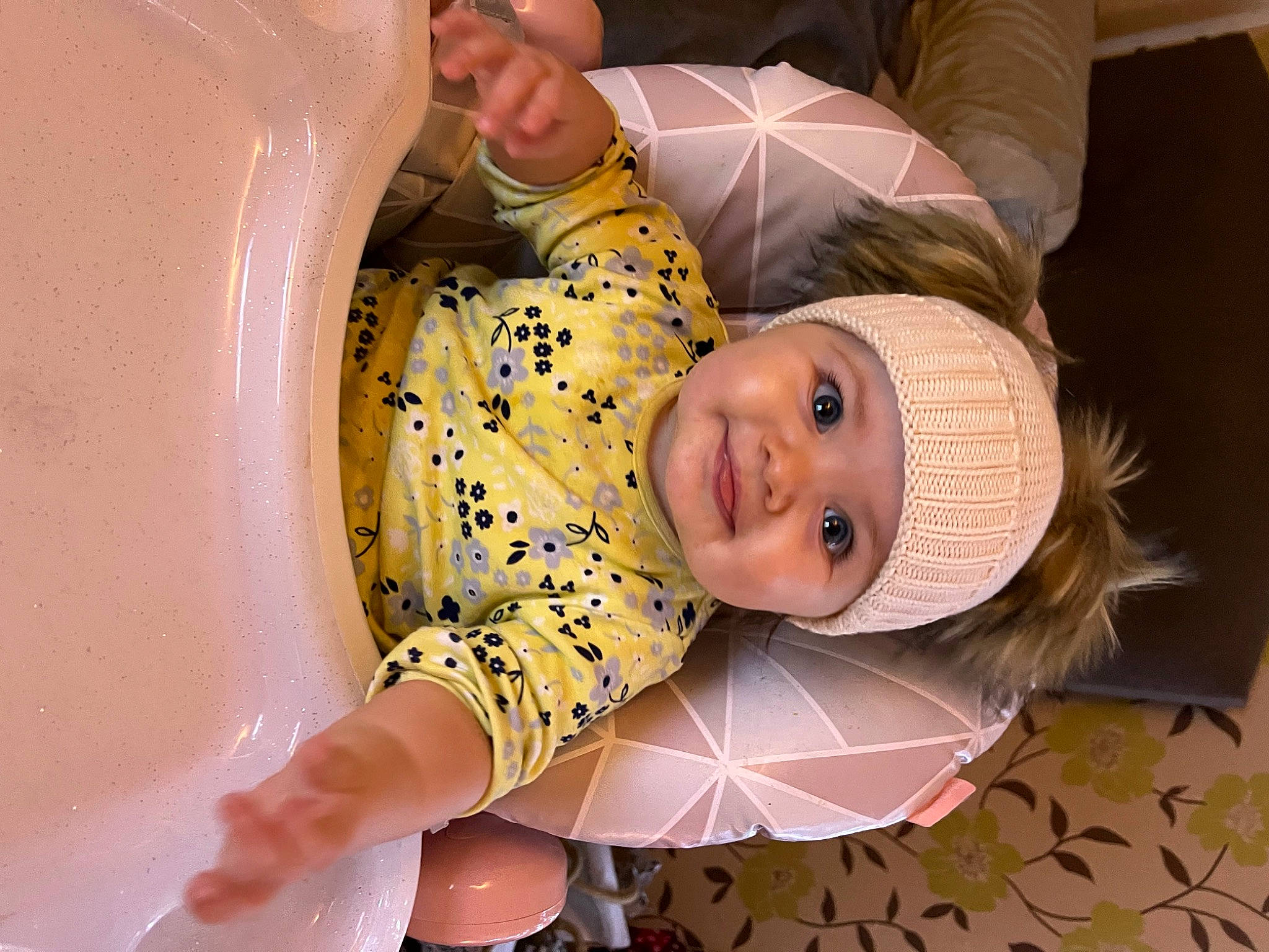 Lily-rose is registered to the contest to win money with this photo: baby, baby_products, baby_safety, baby_toddler_clothing, cheek, child, circle, comfort, eye, finger, flooring, fun, happy, hat, headwear, joy, mouth, pattern, person, room