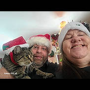 Tiger joined the competition — help win amazing prizes! beard, cat, celebration, christmas, cute, decoration, face, festive, happy, headwear, holiday, indoor, lights, man, person, santa_hat, selfie, smiling, tabby_cat, woman