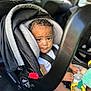 toddler, car_seat, child, toy, bottle, curly_hair, seatbelt, car_interior, baby, infant, window, face, expression, sitting, clothing, safety, child_protection, daylight, vehicle, cute
