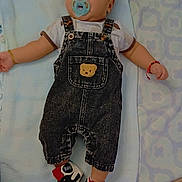 𝐌𝐚𝐭𝐭𝐡𝐞𝐰 joined the competition — help win amazing prizes! baby, infant, pacifier, denim_overalls, teddy_bear_patch, sneakers, blue_blanket, lying_down, cute, child, footwear, clothing, bracelet, indoors, person, young_child, soft_texture, head, small_arms, comfort